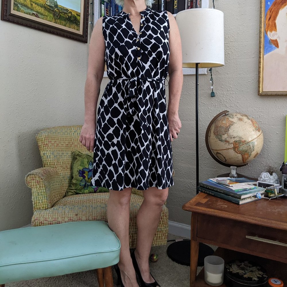 Black & White Slinky Block Print Dress with Belt | Cremieux